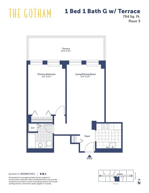 Floor plan for 1 bed, 1 bath, 754 sqft